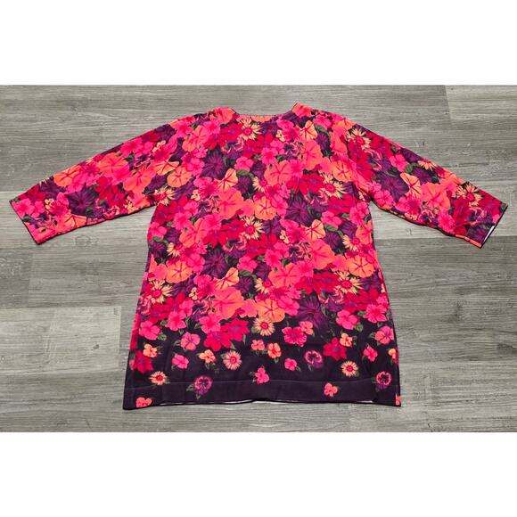 Isaac Mizrahi Live! Red Purple Floral Print V Neck Long Button Cardigan Sweater - Picture 2 of 8